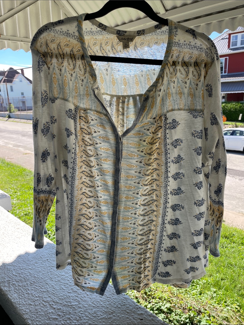 Lucky Brand Cream Button-Front Top with Blue and Gold Paisley Print